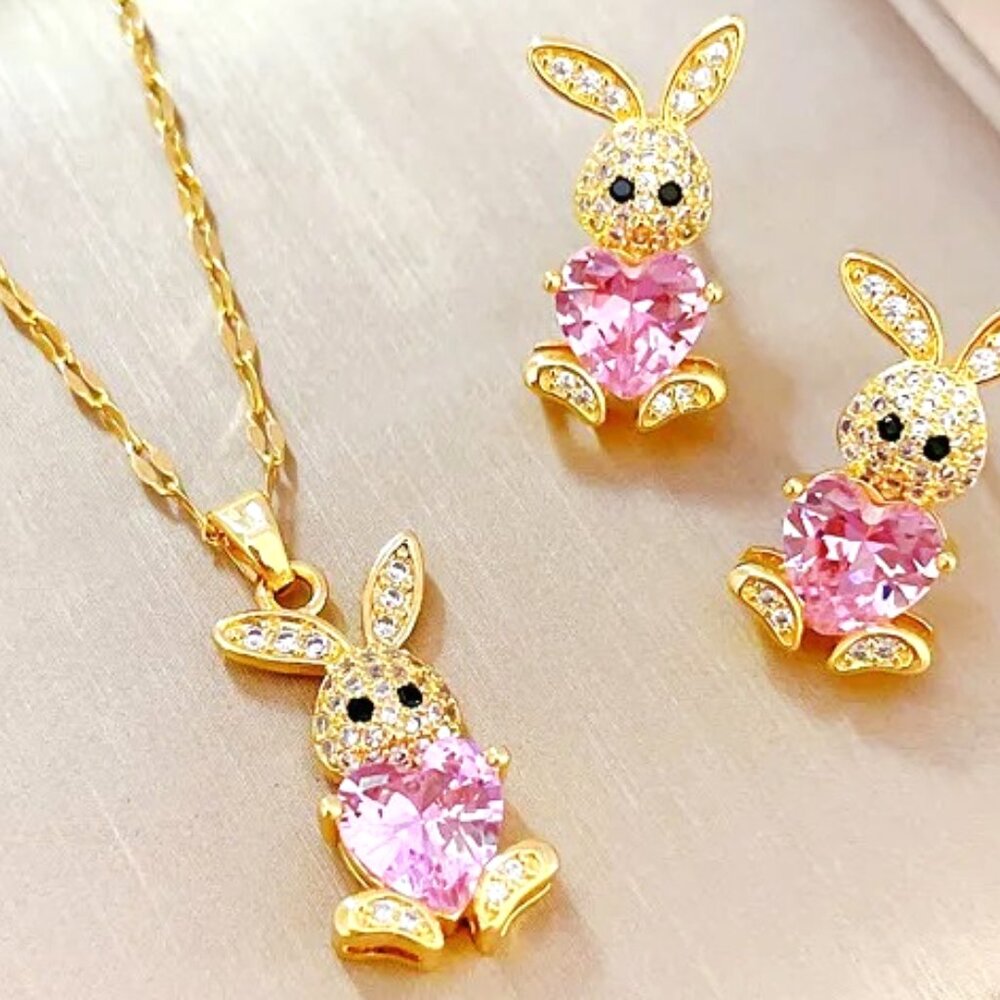 GOLD BUNNY WITH A HEART IN ITS ARMS NECKLACE & 2 GOLD BUNNY EARRINGS WITH HEARTS